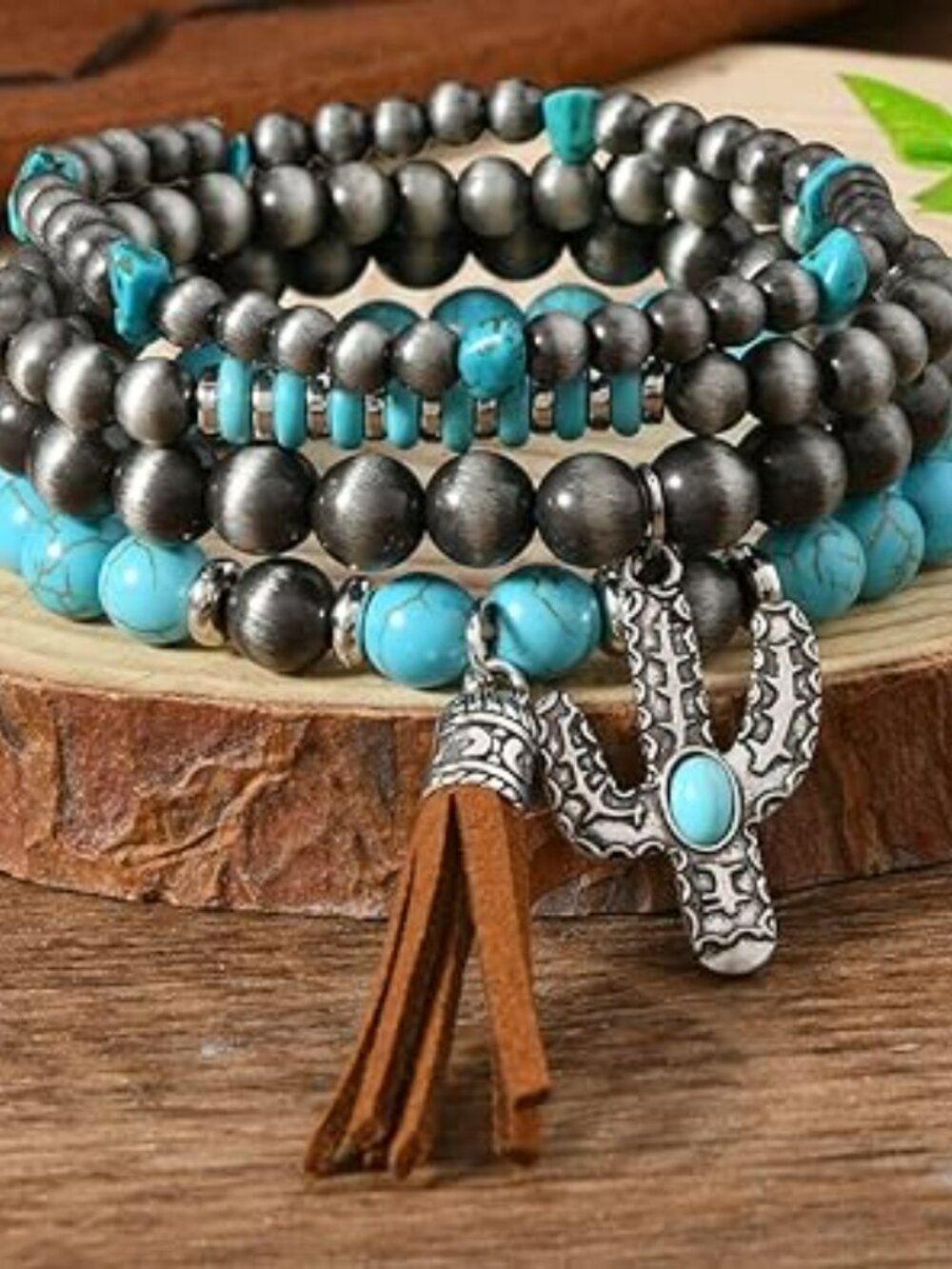 4 Bohemian Beaded Bracelet Set Stackable Stretchy Turquoise Boho Cactus Tassel
